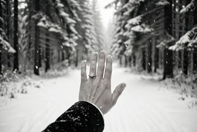 Een uitgestoken hand met een verlovingsring vangt sneeuwvlokken in een besneeuwd bos, weergegeven in zwart-wit.