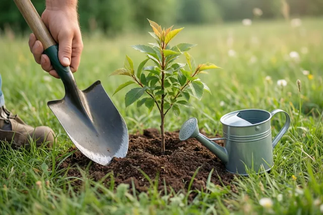 Een hand houdt een spade vast naast een klein geplant boompje en een gieter in een zonnige weide met een zacht vervaagde achtergrond.
