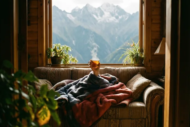 Een hand met een dampende mok thee komt onder een stapel dekens op een zetel vandaan, met groene planten in de kamer en besneeuwde bergen achter een raam met een houten kozijn.
