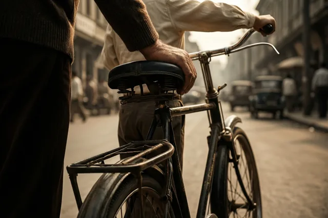 Een volwassen hand rust van dichtbij gezien op het zadel van een oude fiets, met auto’s en gebouwen uit de jaren zestig op de achtergrond in warme vervaagde sepiatinten.