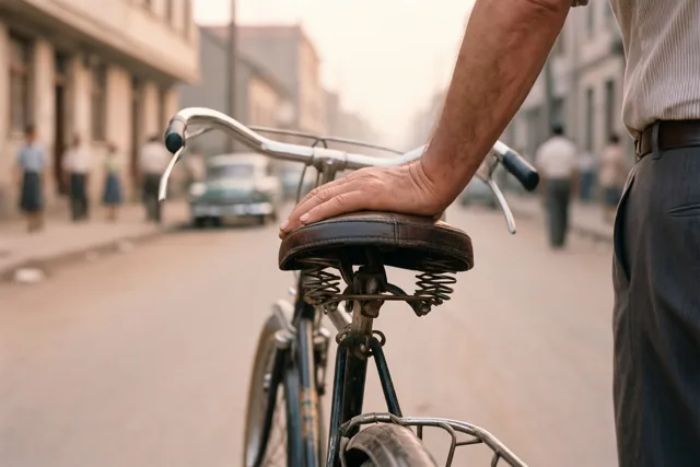 Een mannenhand rust op het leren zadel van een oude fiets in een straat met gebouwen en auto’s uit de jaren zestig, in warme vervaagde tinten.