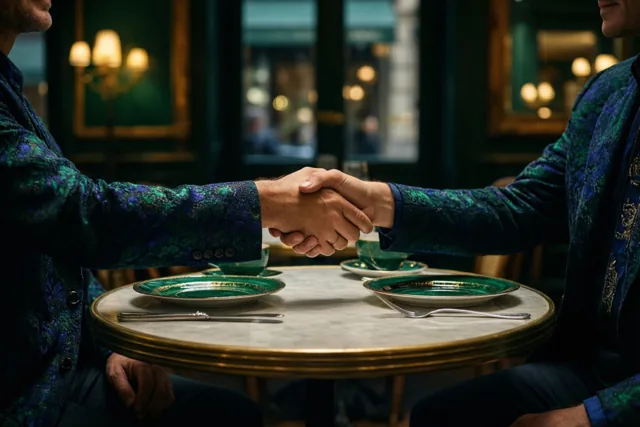 Twee mannen in jasjes met een patroon schudden elkaar de hand boven een ronde cafétafel met groene borden en bestek, in een stijlvol café met groene muren en gedempt warm licht.