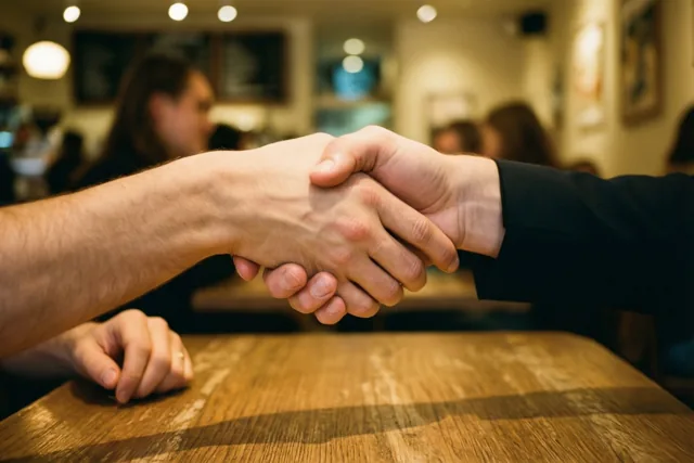 Twee handen geven elkaar een handdruk boven een houten cafétafel, met mensen en cafédecoratie onscherp op de achtergrond in warm licht.