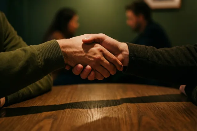 Twee handen geven elkaar een handdruk boven een houten cafétafel, met twee onscherpe zittende personen op de achtergrond in warm licht en groene en bruine tinten.