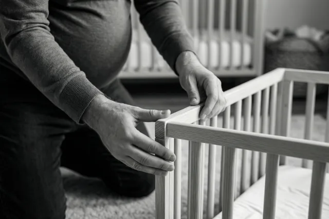 Op een zwart-witfoto zetten de handen van een aanstaande vader een houten babybedje in elkaar op de vloer van een babykamer.