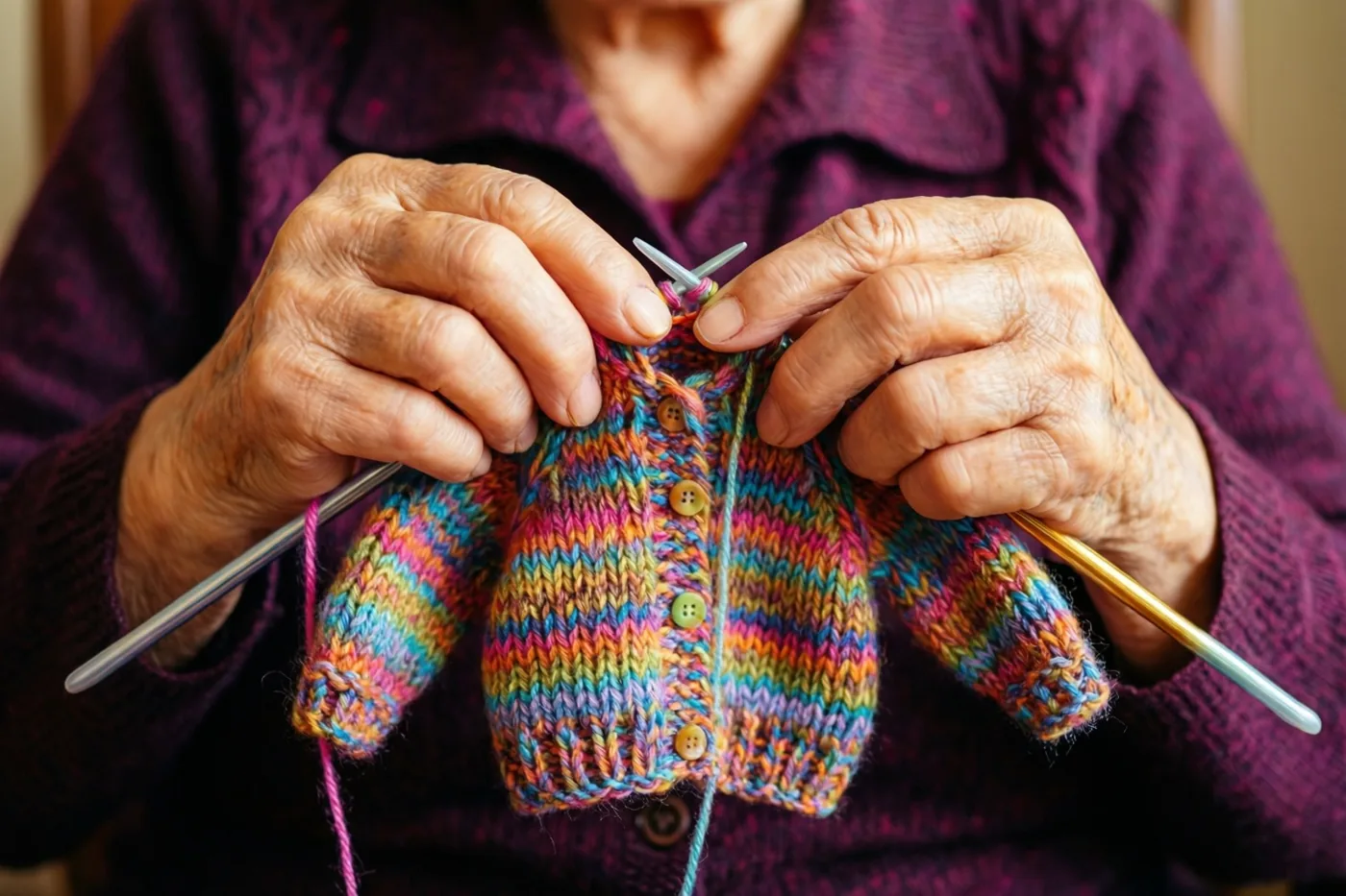 De handen van een oudere persoon breien met twee breinaalden een klein vestje met kleurrijke strepen tegen de achtergrond van een donkerpaarse trui.
