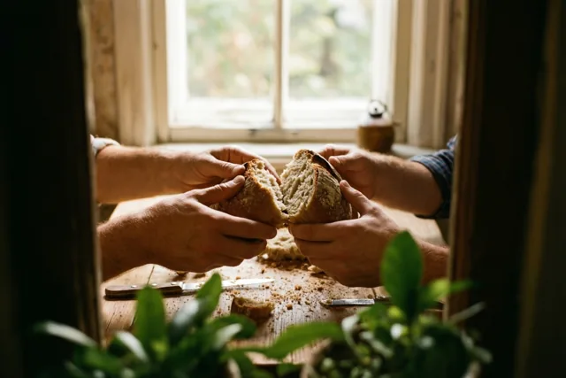 Twee paar handen breken een brood aan een houten tafel, gezien door een houten kader met groene planten op de voorgrond en licht uit een raam.