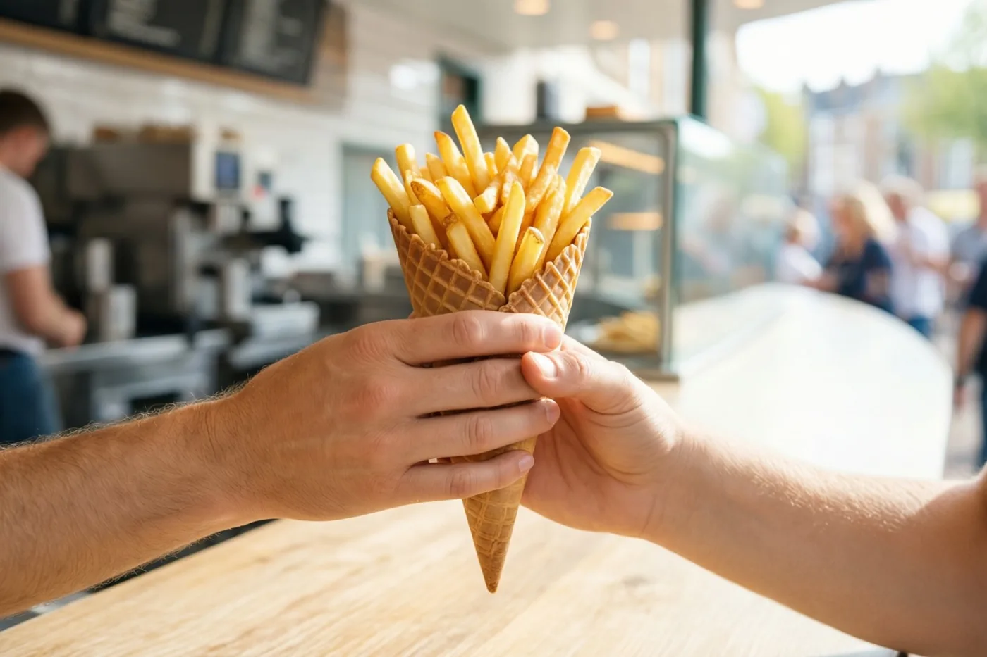 Twee handen houden samen een wafelhoorntje met goudgele frieten vast aan een toonbank in helder, warm licht.