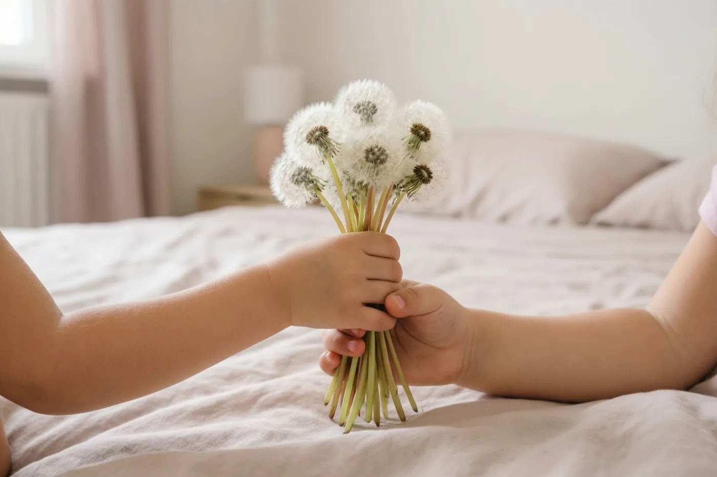 Twee kleine handen geven een bosje paardenbloempluizen aan elkaar door boven een bed in een zacht verlichte slaapkamer met neutrale tinten.