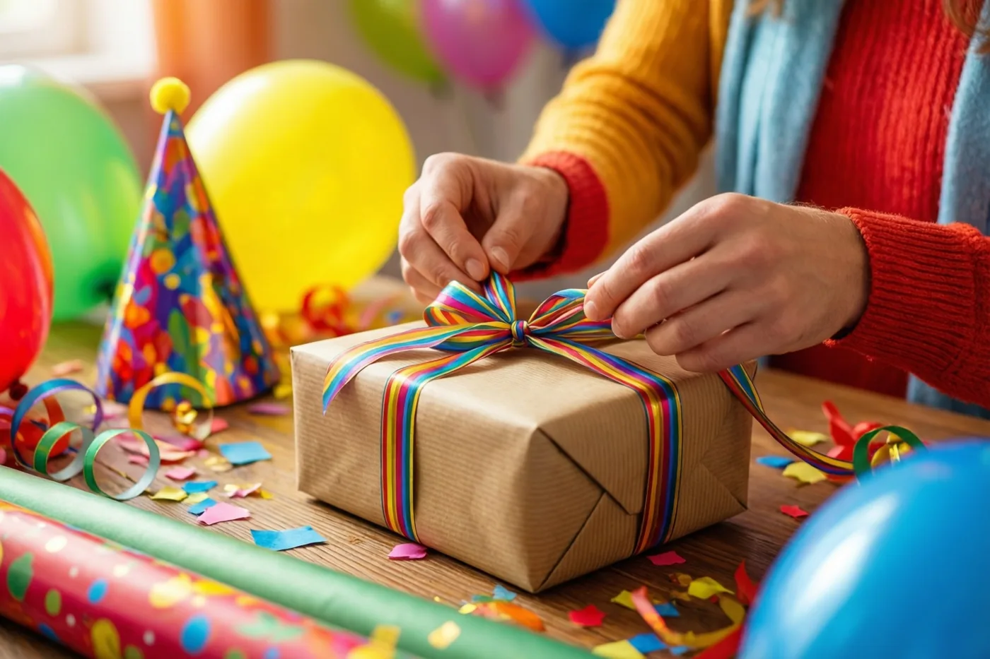 Twee handen knopen een regenbooglint rond een cadeau in bruin papier op een houten tafel, met kleurrijke ballonnen, confetti en een feesthoedje op de achtergrond.