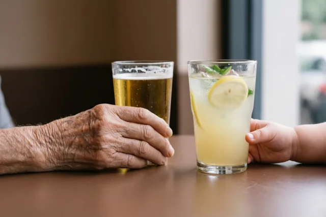 Een oude hand en een kleine kinderhand rusten op een bruine cafétafel en houden elk een glas vast, één met bier en één met limonade, in zacht daglicht.