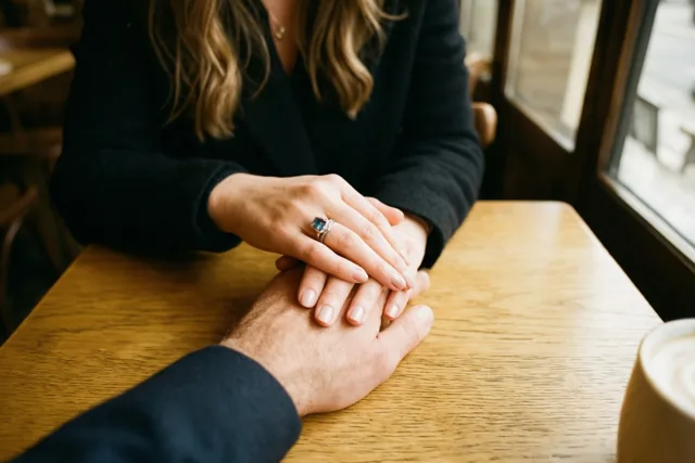 Een vrouwenhand met een blauwe edelsteenring rust op een mannenhand op een houten cafétafel, verlicht door warm daglicht uit een nabijgelegen raam.
