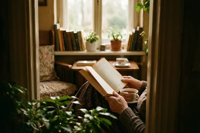 De handen van een oudere persoon houden een open boek en een kop thee vast in een leeshoek met warm raamlicht, boeken en potplanten op de achtergrond.