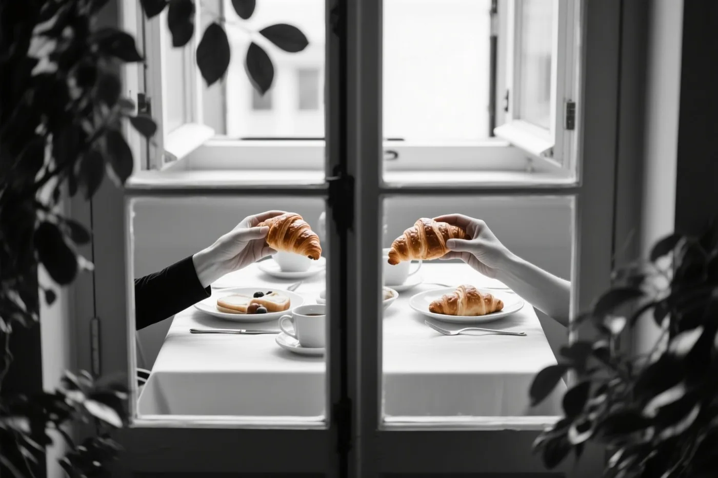 Twee handen houden croissants vast boven een ontbijttafel bij een open raam, weergegeven in zwart-wit.