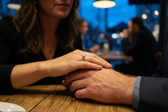 Een vrouwenhand met een diamanten verlovingsring rust op een mannenhand op een houten cafétafel, in warm licht met een onscherpe blauwe avondachtergrond.
