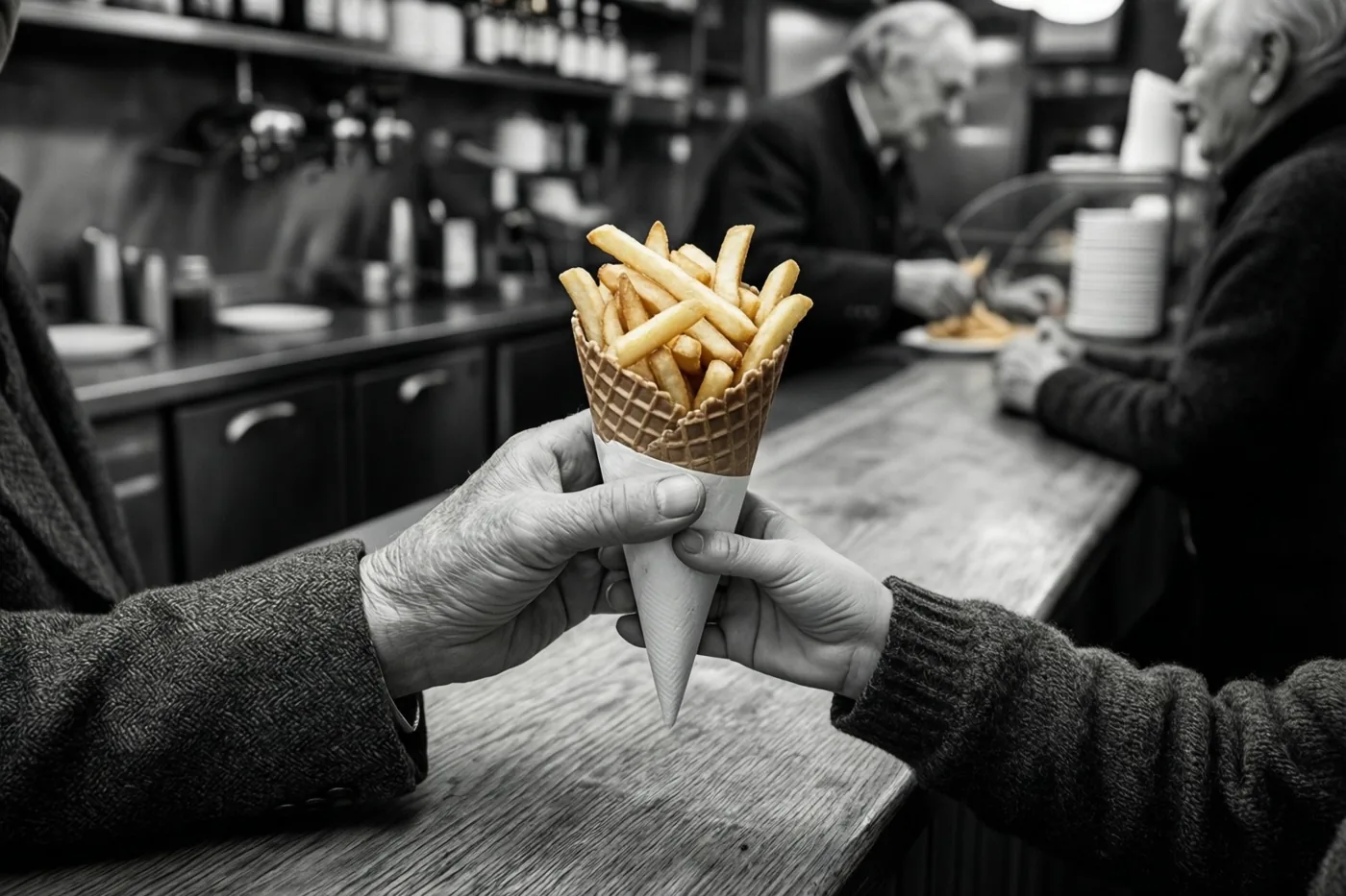 Een zwart-witfoto toont de hand van een oudere persoon en een kinderhand die samen een papieren puntzak frieten vasthouden aan een houten toog in een frituur.
