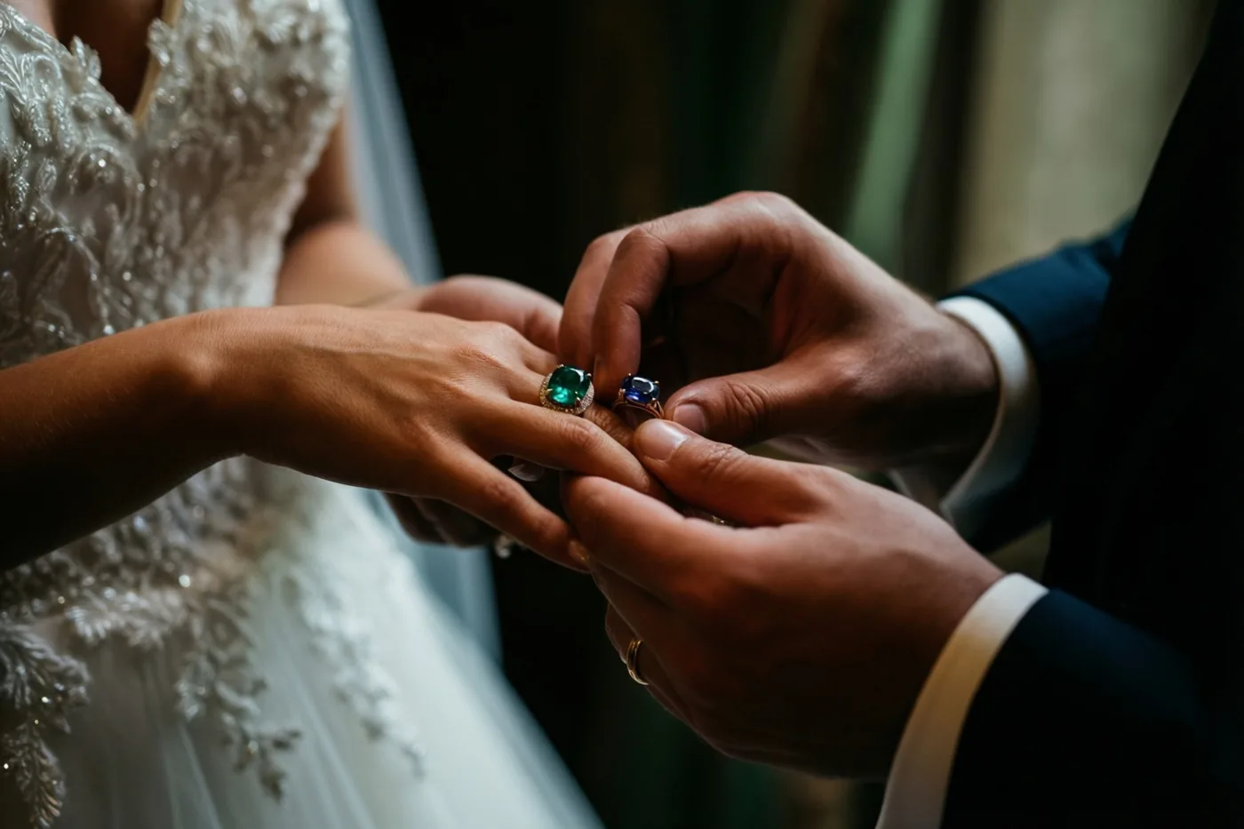 De handen van een bruidegom schuiven een ring aan de vinger van de bruid in een close-up met witte, donkerblauwe en groene tinten.