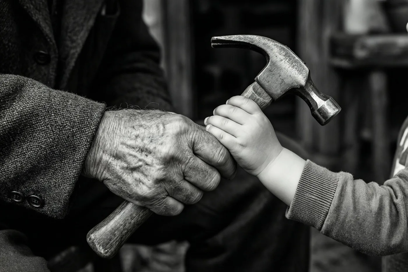 Een zwart-witfoto toont van dichtbij hoe een gerimpelde hand een kinderhand begeleidt bij het vasthouden van een hamer.