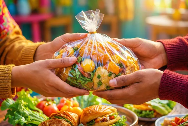 Twee paar handen geven buiten een voedselpakket met kleurrijke ingrediënten in doorzichtig plastic door, met eten op een tafel en een wazige achtergrond.
