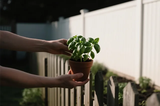 Twee handen houden een pot basilicum vast boven een laag houten tuinhek, met een wit hek op de achtergrond.