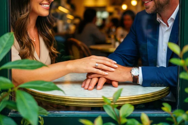 Door groene bladeren heen zijn een vrouwenhand met een ring en een mannenhand te zien die op elkaar rusten op een marmeren cafétafel, met warm licht en een zacht vervaagde achtergrond.