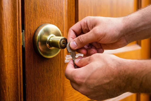 In een close-up steken handen een sleutel in het slot van een houten voordeur, omgeven door warme bruin- en goudtinten.