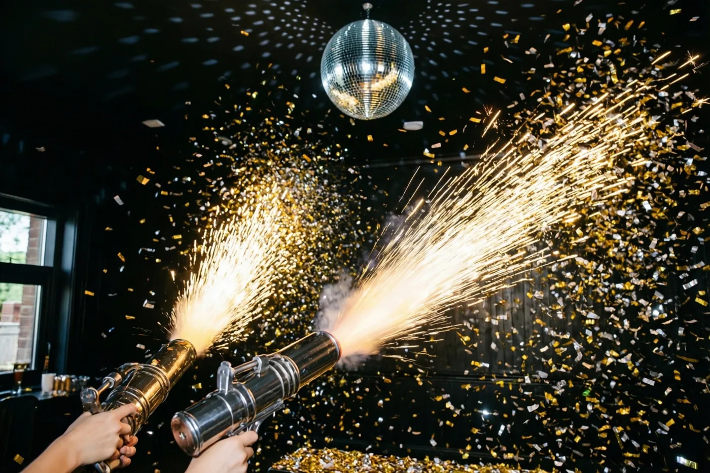 Twee handen houden confettikanonnen vast die gouden en zilveren confetti door een donkere feestruimte schieten onder een verlichte spiegelbol.