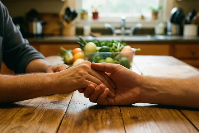 Twee handen houden elkaar vast op een houten keukentafel in warm licht, met een schaal verse groenten op de achtergrond.