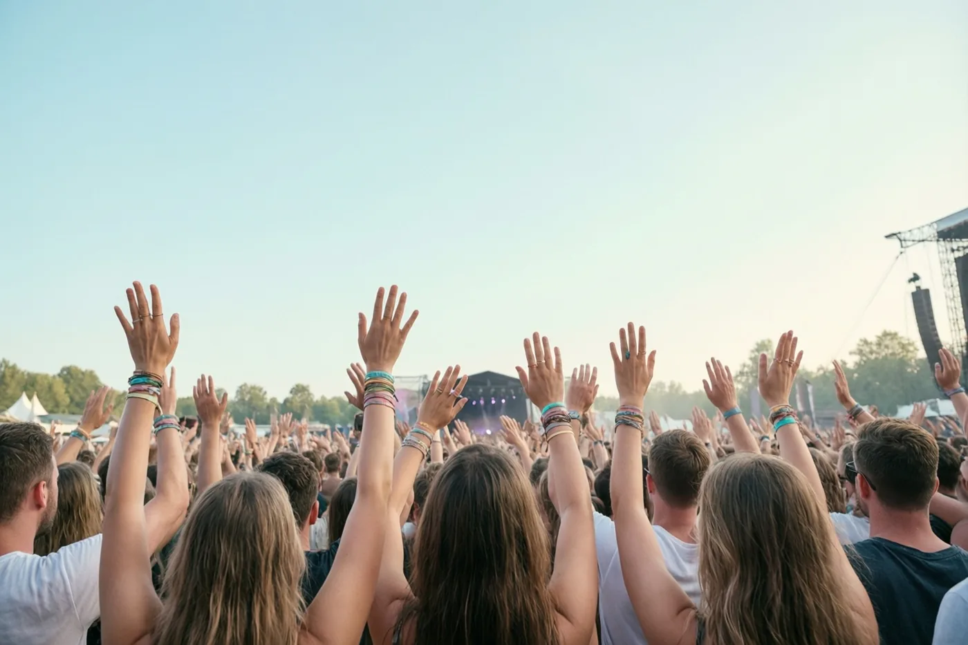 Een menigte staat van achteren in beeld met de handen omhoog op een zomers openluchtfestival onder een heldere hemel, met een wit podium en lichte kleding.