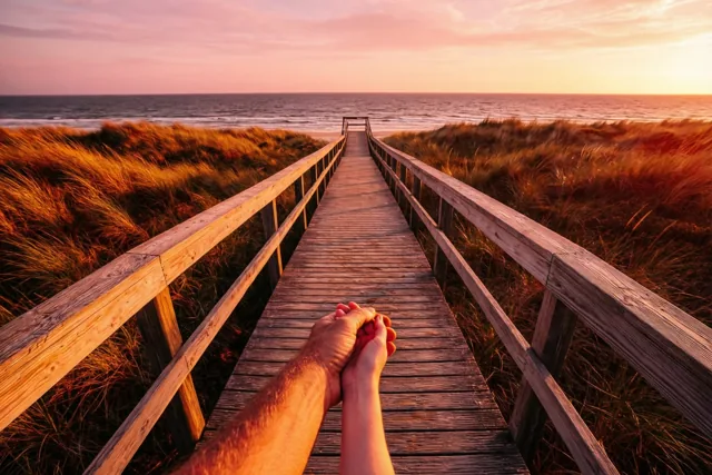 Vanuit het gezichtspunt van een wandelaar zijn een grote en een kleine hand te zien die elkaar vasthouden op een houten duinenpad naar zee bij zonsondergang.