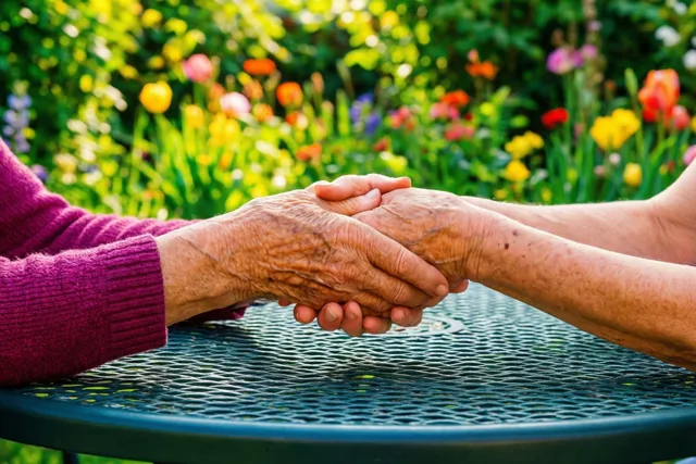 Een oudere en een jongere hand houden elkaar vast op een groene metalen tuintafel tegen een wazige achtergrond van kleurrijke bloemen en groen.