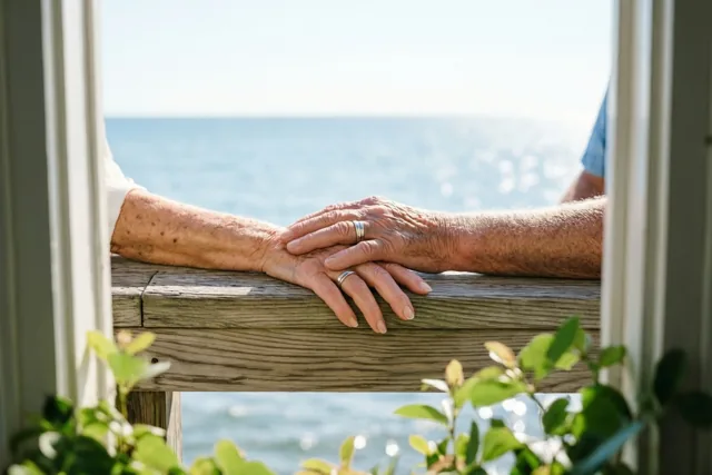 Twee oudere handen met trouwringen rusten op een verweerde houten pierleuning met zicht op zee, omlijst door een raam en groen op de voorgrond.
