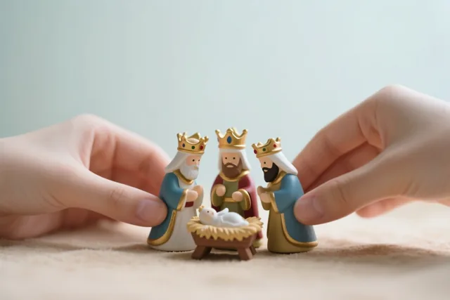 Twee handen plaatsen drie gekroonde koningsbeeldjes rond een kribbe met een babybeeldje op een zacht beige oppervlak tegen een lichtblauwe achtergrond.