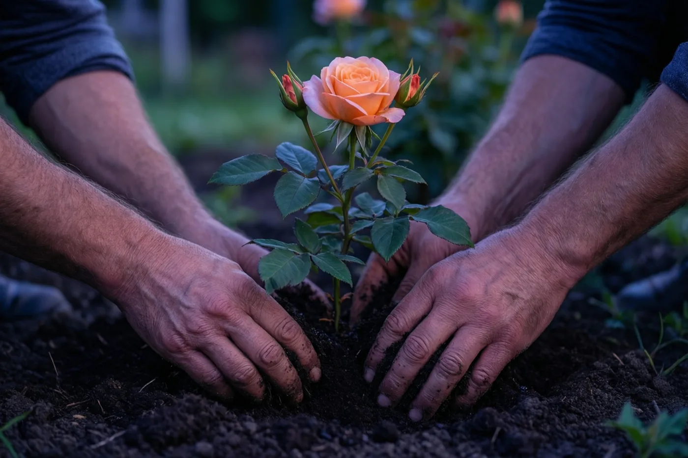 Twee paar handen planten een kleine rozenstruik met een perzikkleurige bloem in donkere tuinaarde bij zacht daglicht.