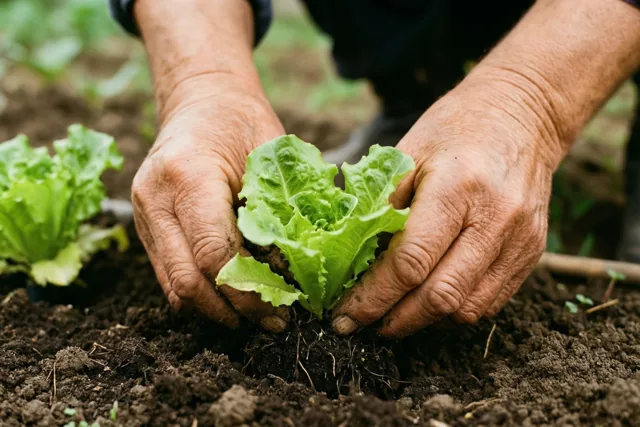 Doorleefde handen planten een jong slaplantje in donkere tuinaarde.