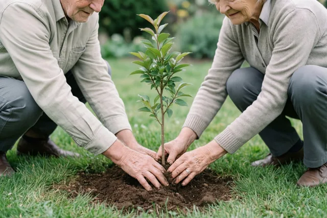 Een ouder koppel knielt in het gras en drukt samen de aarde rond een jong boompje aan, met zacht groen op de achtergrond.