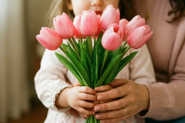 Kleine kinderhanden en de handen van een moeder houden samen een boeket roze tulpen vast tegen een onscherpe achtergrond binnenshuis.