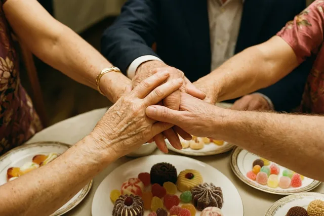 Handen van mensen van verschillende leeftijden houden elkaar vast boven een tafel met borden kleurrijke zoetigheden in warm licht.