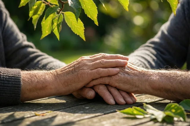 Twee oudere handen houden elkaar vast op een houten tuintafel, terwijl zonlicht door de groene bladeren erboven valt.