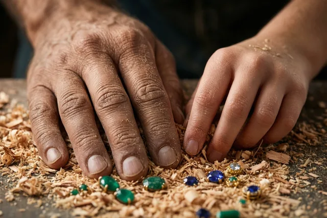 Een grote en een kleine hand rusten naast elkaar op een werkbank met houtkrullen en edelstenen in warme bruine en groene tinten.