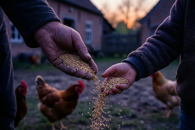 Een volwassen hand en een kinderhand strooien graan voor kippen op het erf van een landelijke hoeve bij zonsondergang.