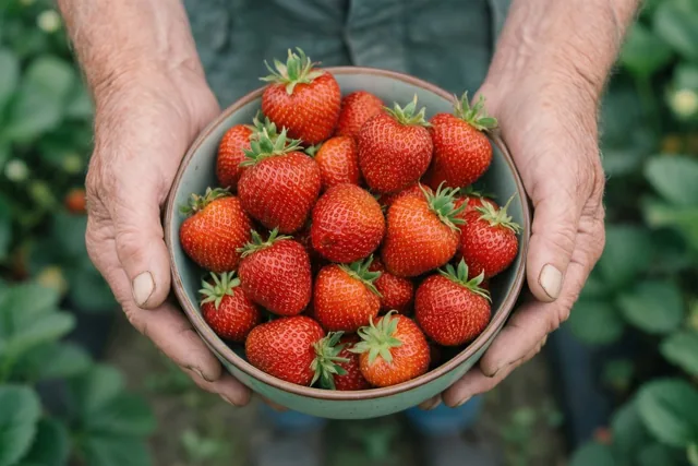Doorleefde oudere handen houden een kom versgeplukte felrode aardbeien met groene kroontjes vast, met een onscherpe groene tuin op de achtergrond.