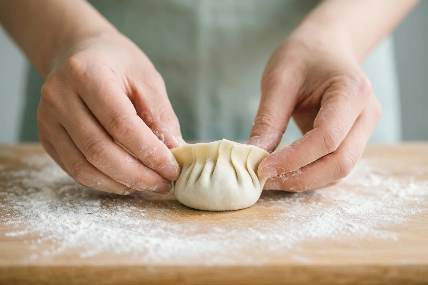 In close-up vouwen handen zorgvuldig een dumpling op een met bloem bestoven houten plank tegen een gedempte achtergrond.