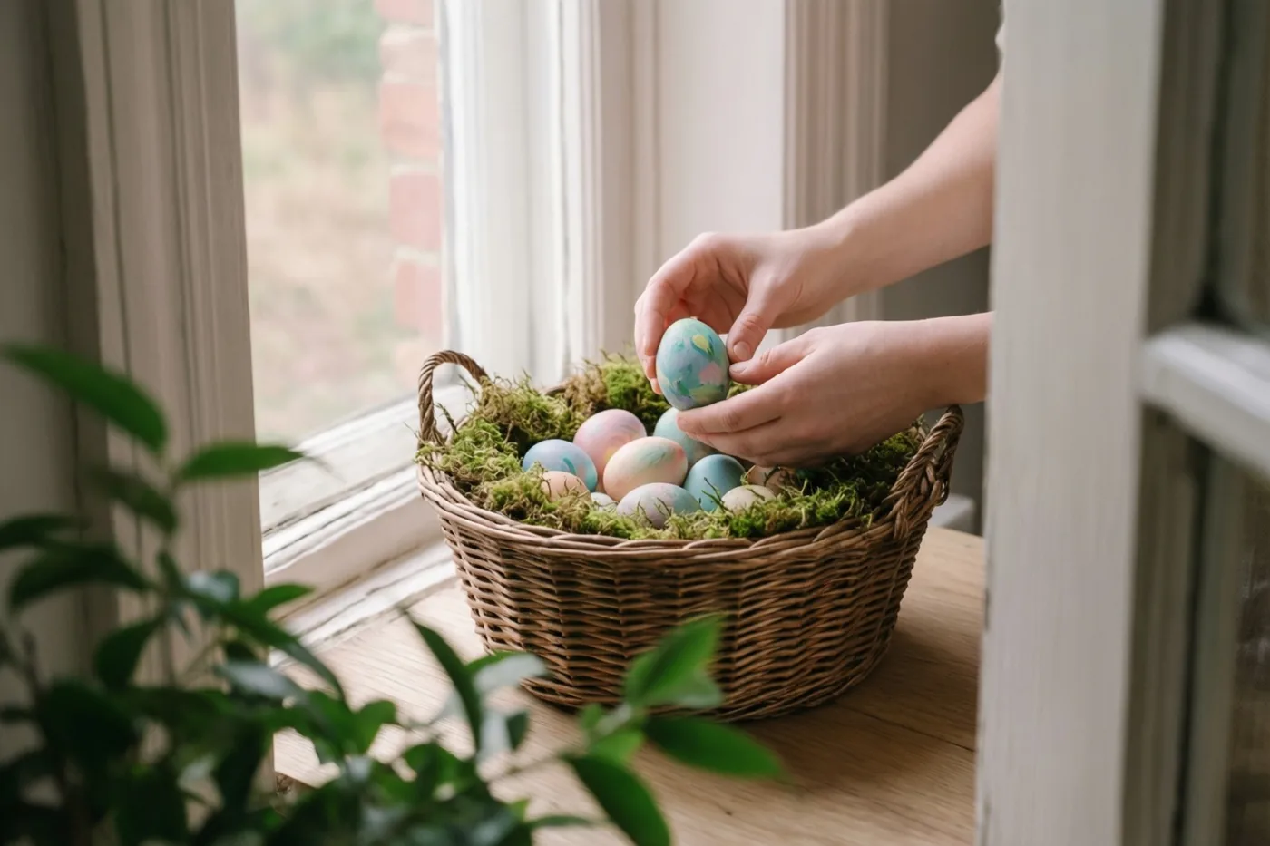 Twee handen leggen een beschilderd ei in een rieten mand met mos en kleurrijke eieren op een vensterbank, met groen op de voorgrond en een bakstenen muur buiten.