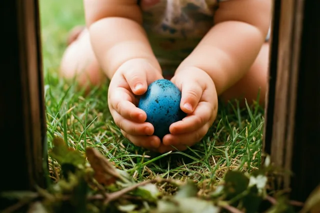 Door een houten kader zijn mollige peuterhandjes te zien die een blauw gespikkeld paasei op groen gras omvatten.