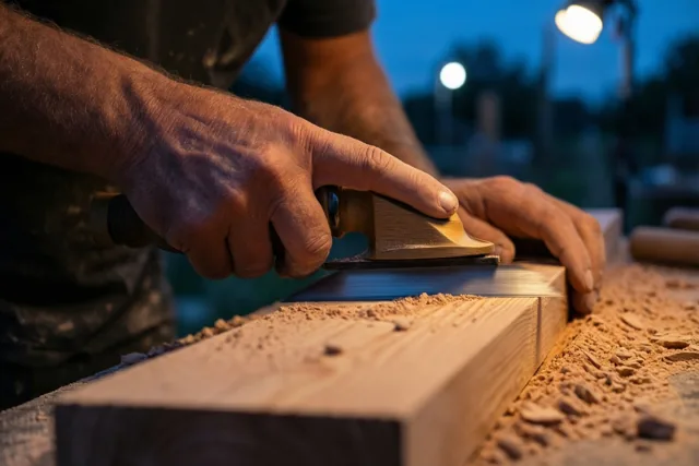 Mannenhanden maken buiten bij schemering een houten plank glad met een handschaaf, met houtkrullen rondom en straatlichten op de achtergrond.