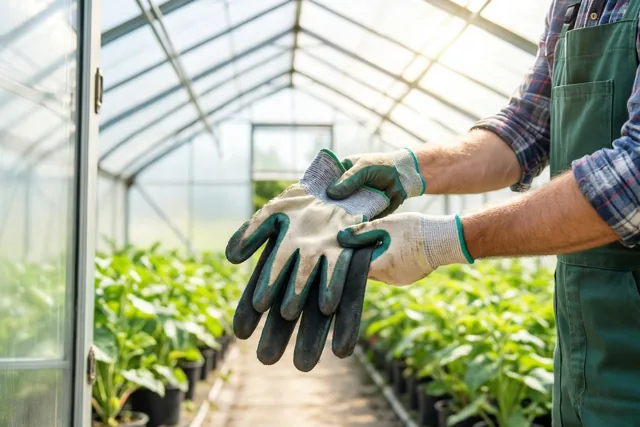 De handen van een tuinier met een groene schort houden beige en blauwgroene werkhandschoenen vast, met rijen potplanten onder het glazen dak van een serre op de achtergrond.