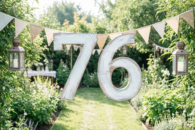 Een groot beschilderd houten bord met 76 hangt in een zonnige groene tuin tussen vlaggetjes en lantaarns, met een graspad naar de achtergrond.