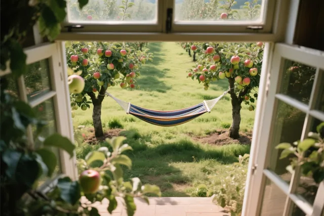 Door een open raam is een kleurrijk gestreepte hangmat te zien tussen twee appelbomen, met groen gras en rijpe appels in warm zonlicht.