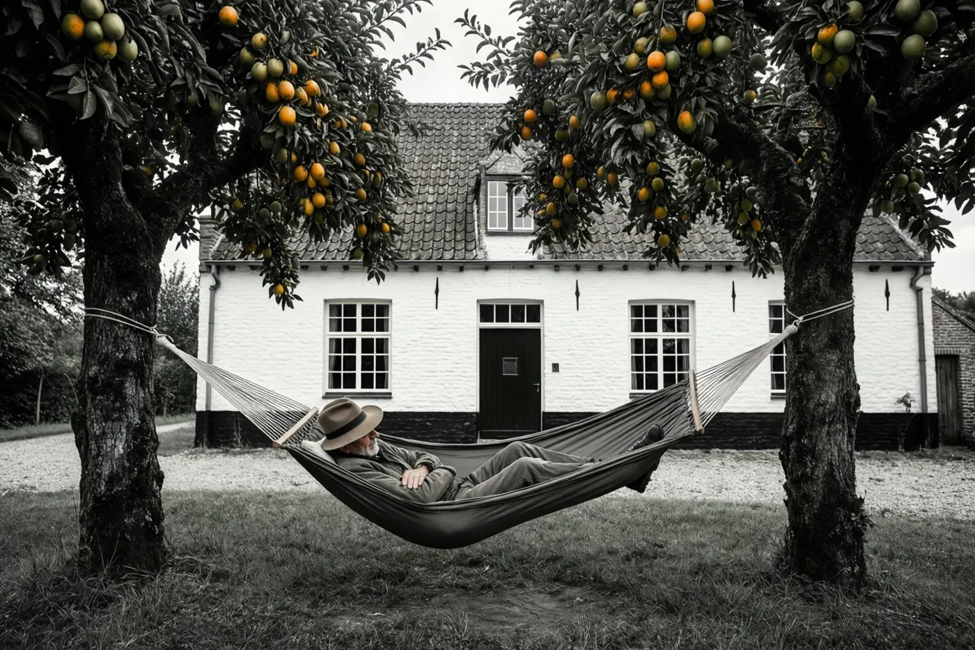 Een oudere man met een hoed ligt in een hangmat tussen twee fruitbomen voor een witgekalkte Vlaamse hoeve, waarbij de sinaasappels in kleur opvallen in het verder vrijwel monochrome beeld.